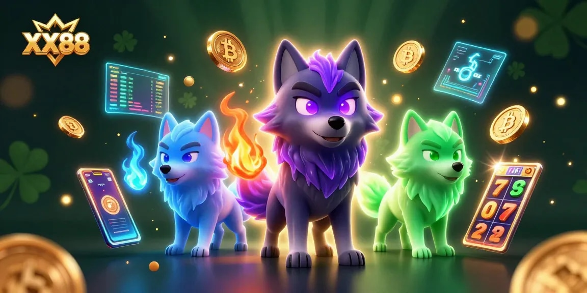 Spin the reels at XX88 with dynamic wolf characters, Bitcoin coins, and thrilling casino elements.