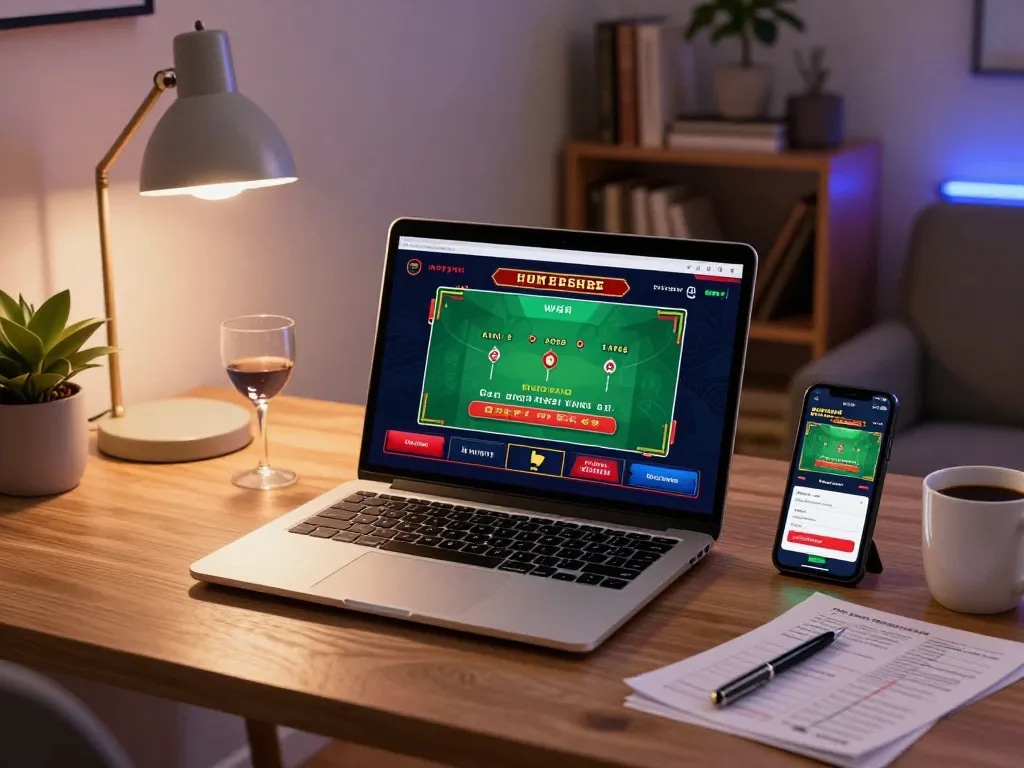 Engaging moment at 3Win online casino with live blackjack gameplay on laptop amidst cozy home setup.