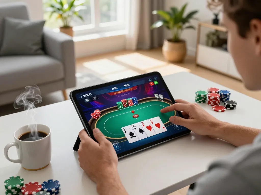 33WIN online poker gameplay on tablet, highlighting immersive experience and strategic decisions.