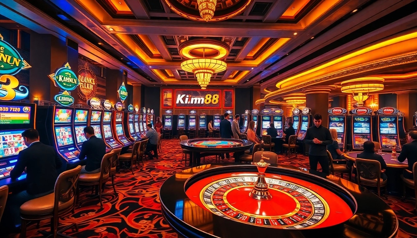 The atmosphere of excitement at kim88 casino, featuring vibrant slot machines and players enjoying their game.