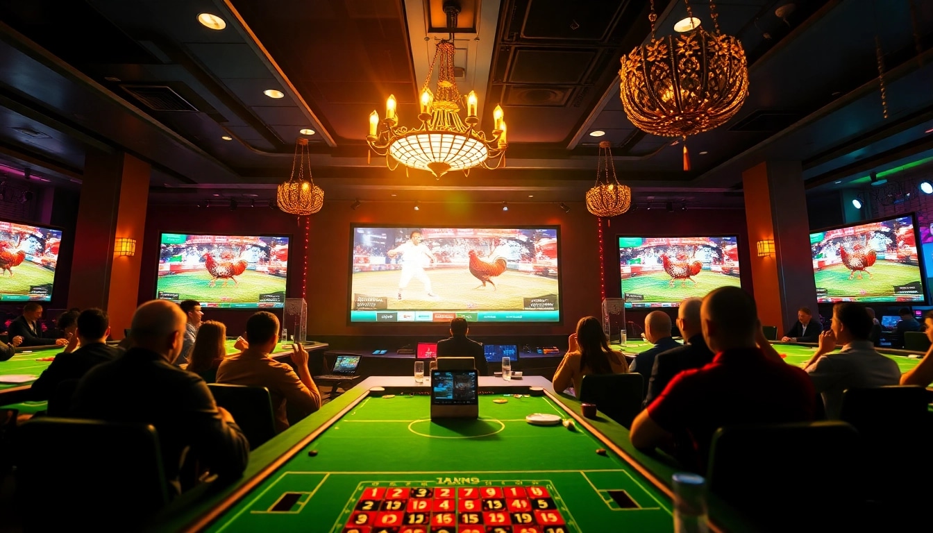 Live betting excitement at dagawin.live with dynamic cockfighting and casino game scenes.