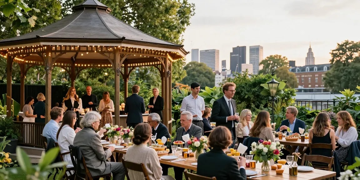 Gazebo hire London showcasing a beautifully arranged outdoor event with guests under fairy lights.