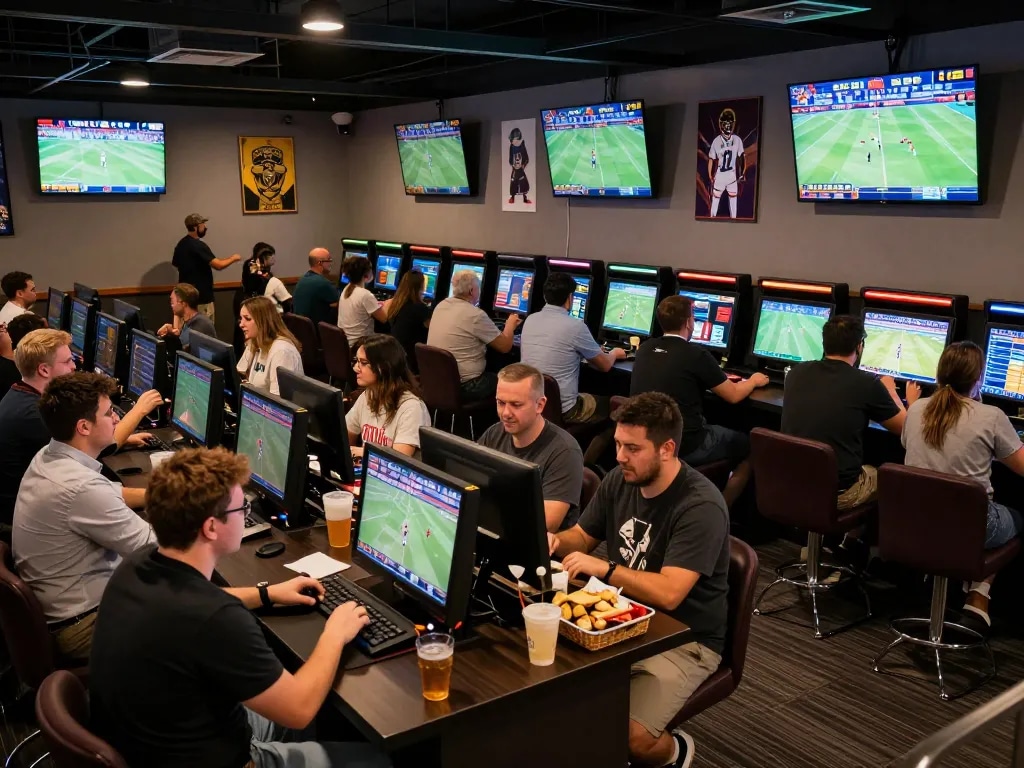 Fans engaging in sports betting while analyzing tin soi kèo on multiple screens in a vibrant lounge.