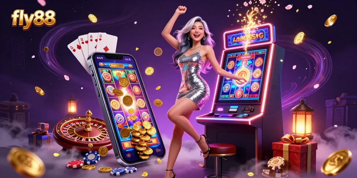 Experience the thrill of fly88 with a stunning 3D illustration showcasing slot machines, thrilling gameplay, and celebratory action.