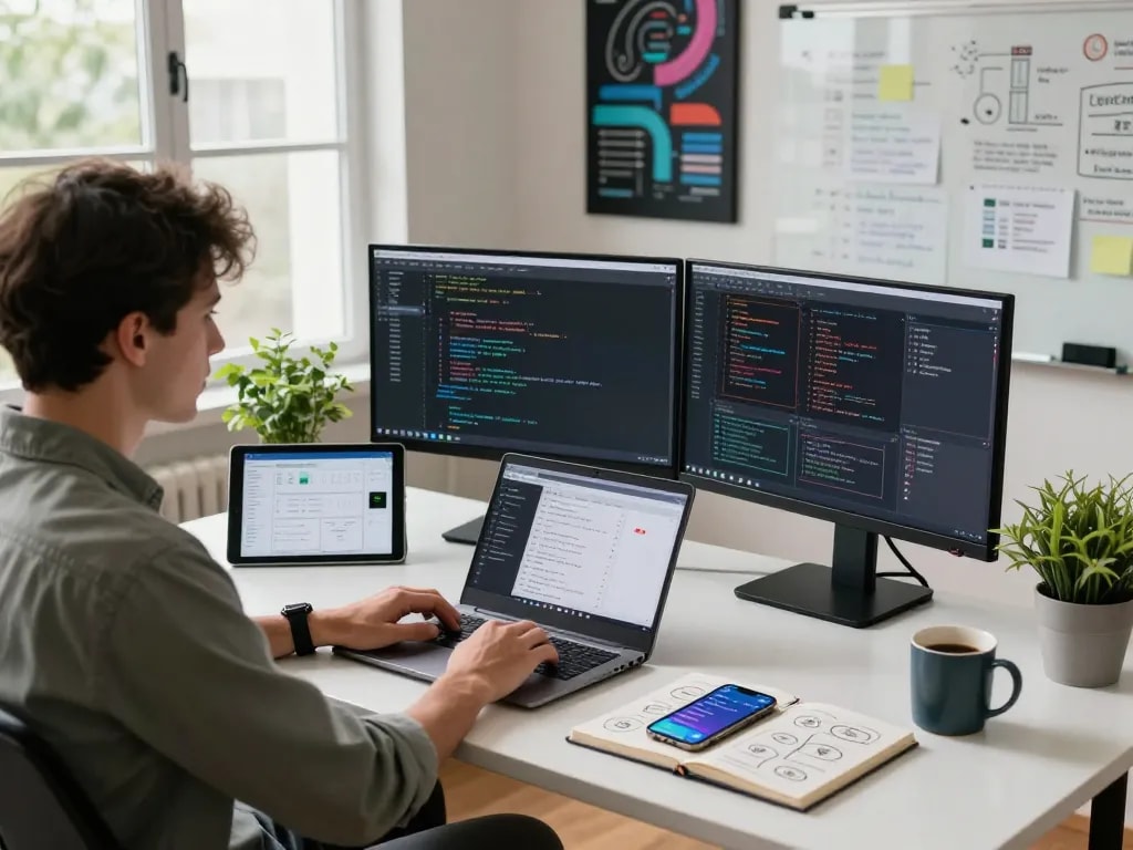 Developer working with Moltbot and clawdbot integrations in a modern home office with coding screens.
