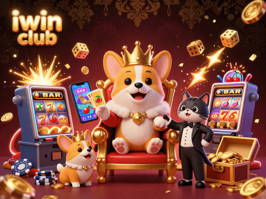 Engage with the iwin club experience featuring a royal corgi on a gaming throne surrounded by dynamic casino elements.