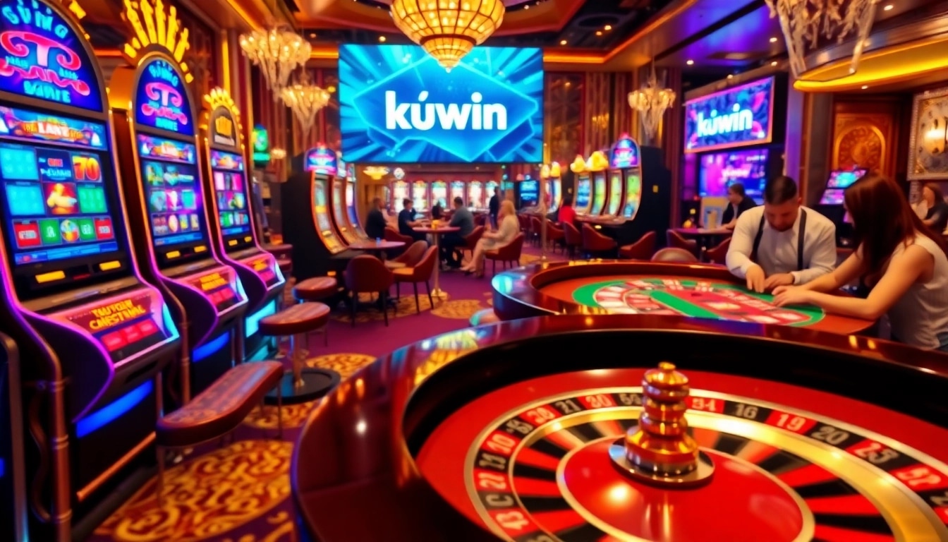 Kuwin gaming experience with vibrant slot machines and poker players in a luxurious casino setting.