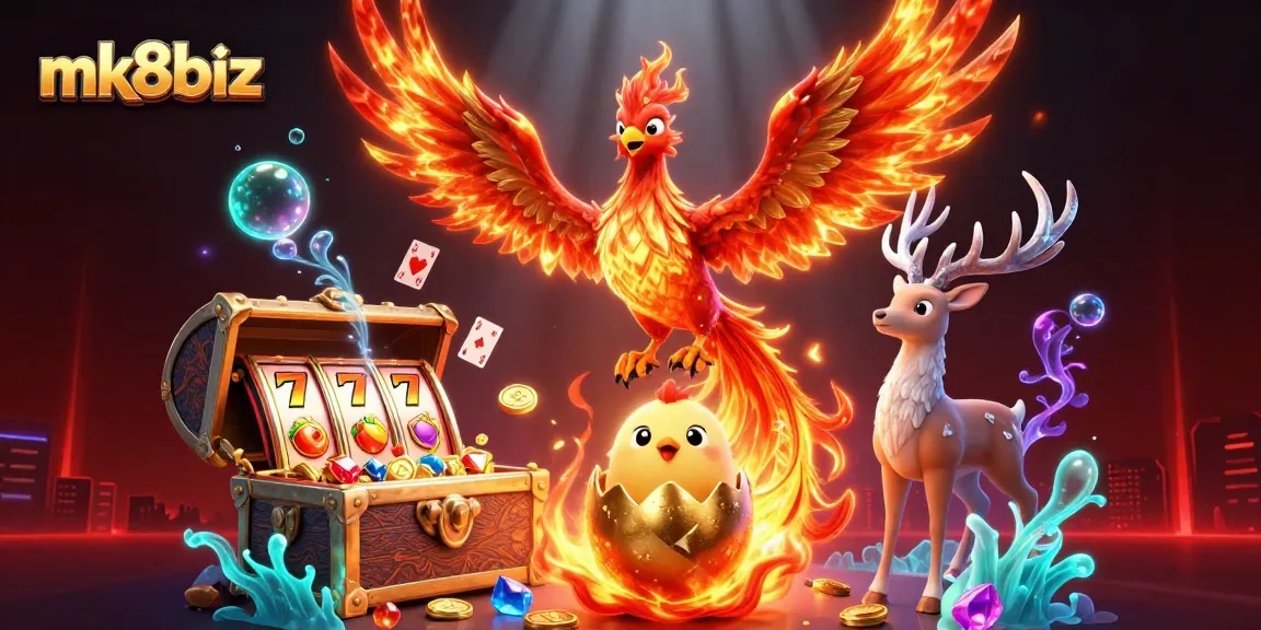 Experience thrilling play with mk8biz and vibrant casino elements in a dynamic 3D illustration.