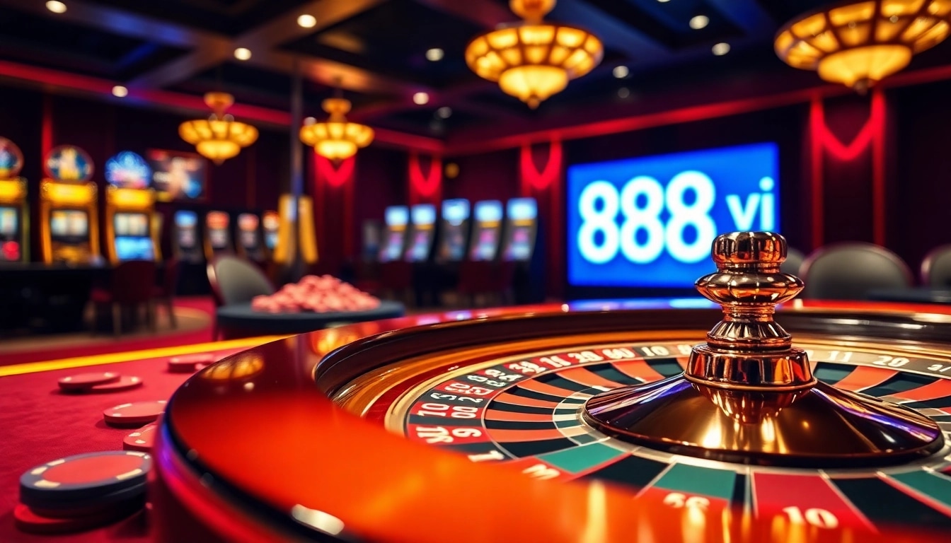 Gamblers enjoying an exciting poker game at the luxurious 888 vi casino table, with vibrant chips and roulette wheel.