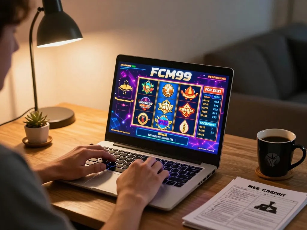 Engaging player exploring FCM99 free credit casino games on laptop at home