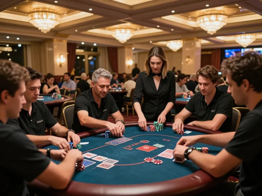 Hbet players engaging in an exciting live casino game, showcasing vibrant atmosphere and dynamic betting.