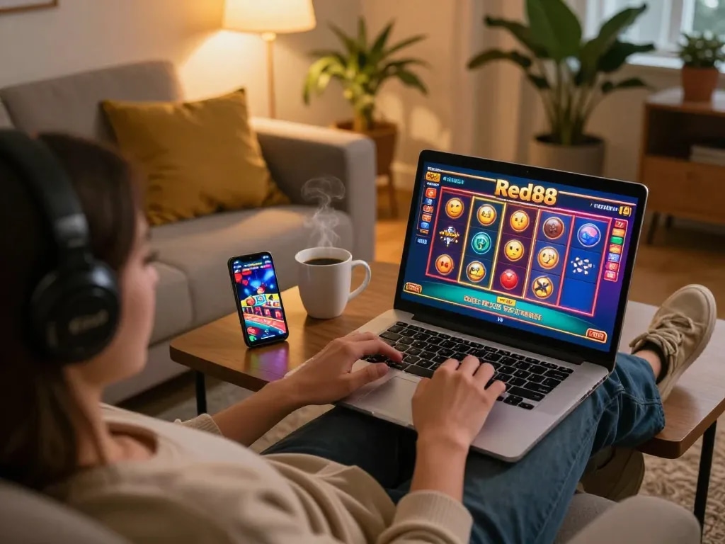 Person playing Red88 casino games online on a laptop in a cozy living room.