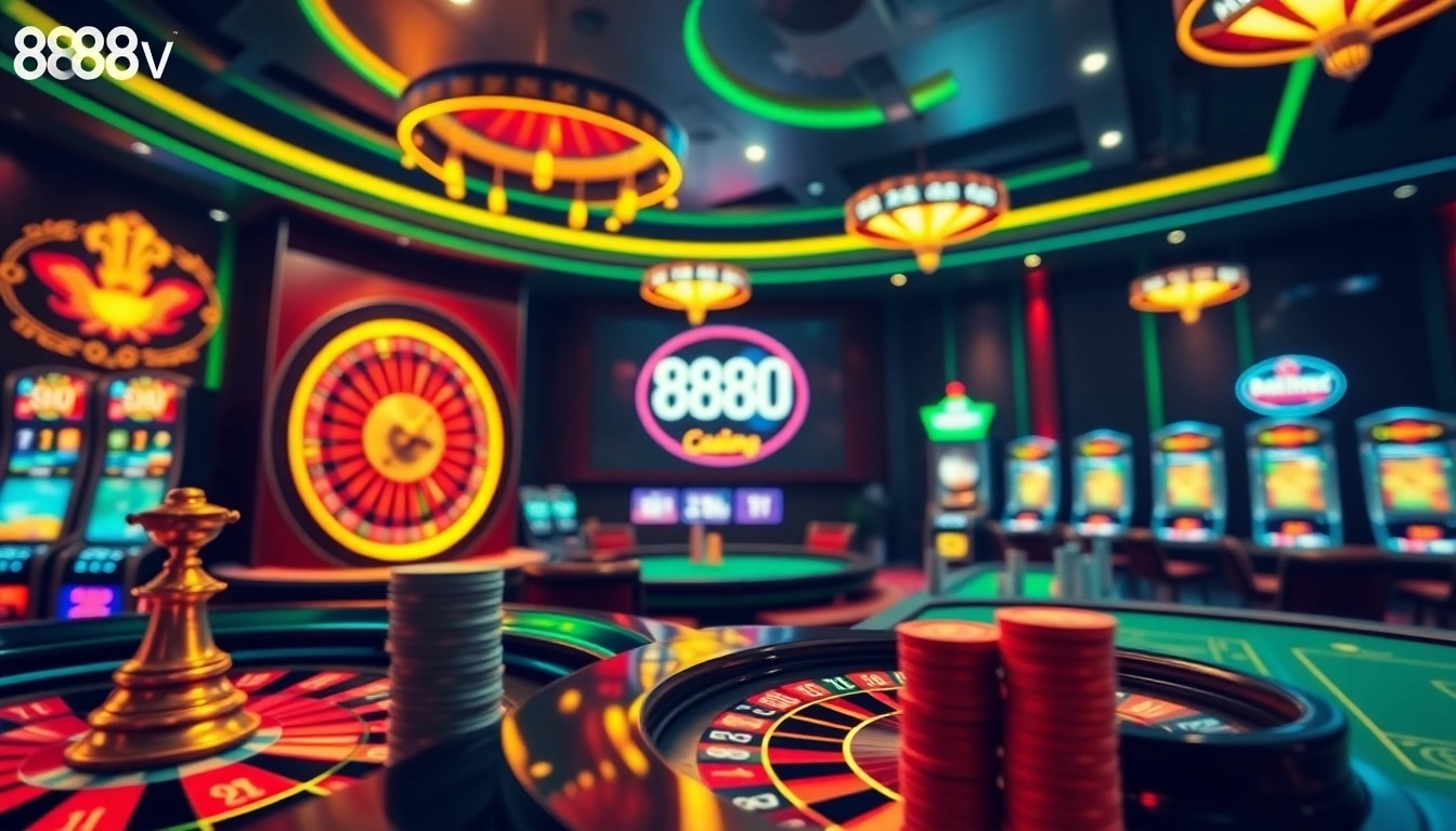 Experience the excitement of 888VND with vibrant casino visuals filled with roulette and slot machines.