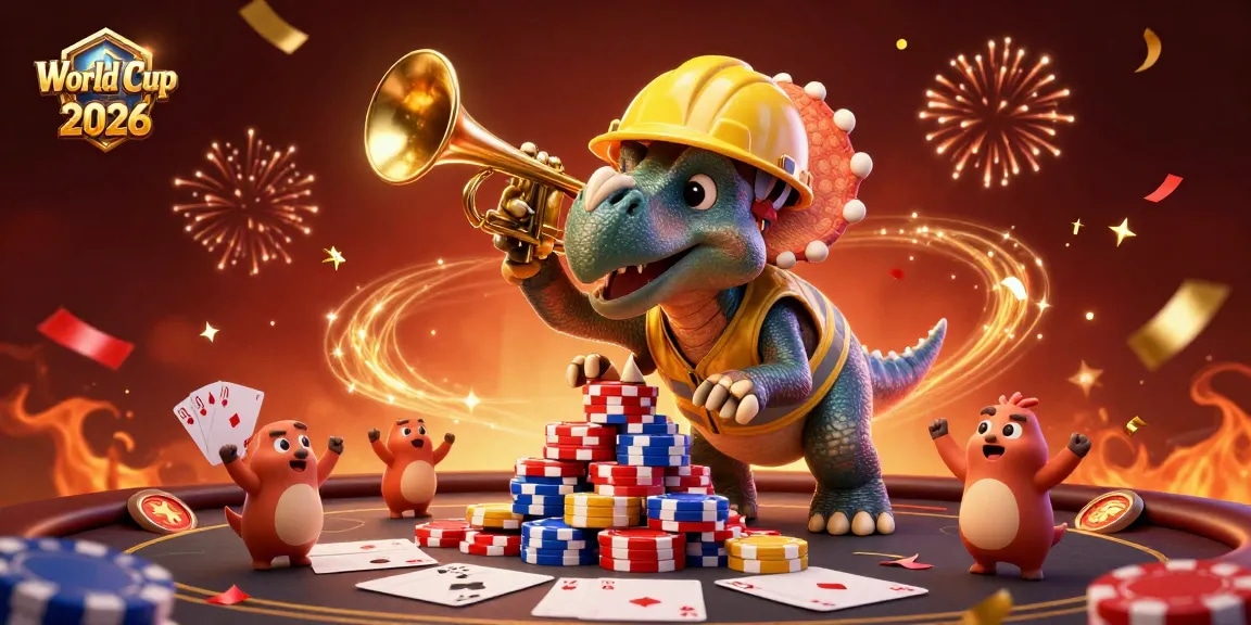 Experience the World Cup 2026 with a triceratops celebrating gaming excitement amid colorful poker chips!