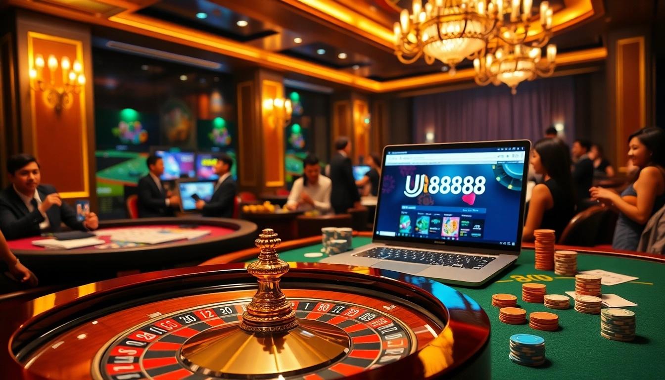 Experience exhilarating gameplay with Nhà cái U888's luxurious casino environment featuring cards and poker chips.