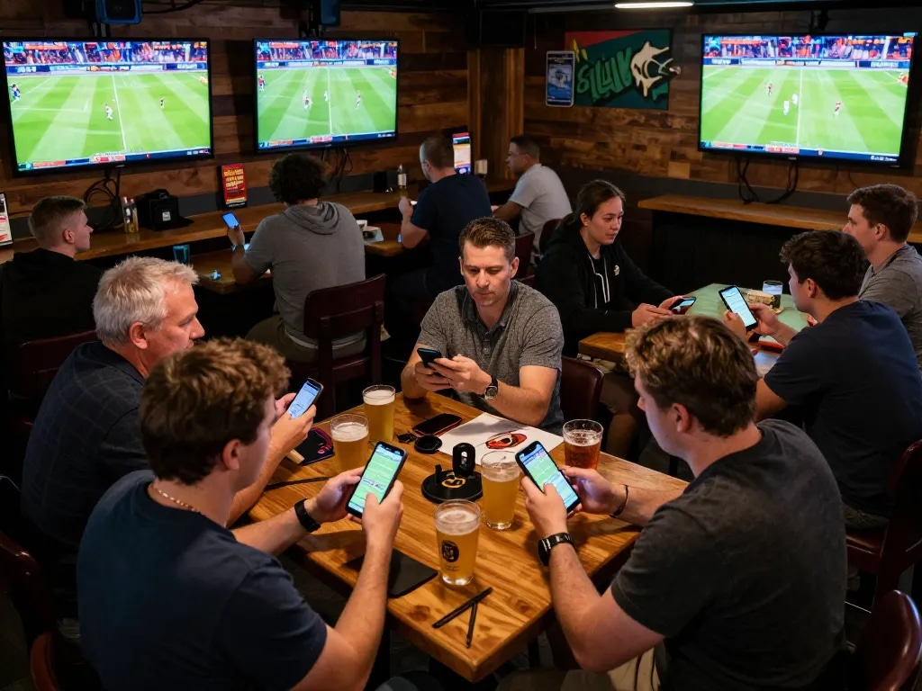 Experience the excitement of 22bet sports betting at a lively sports bar with patrons engaged in gameplay.