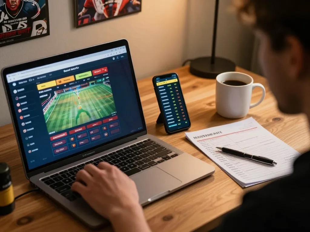 Engaging scene of a player betting at SHBET COM online sports platform with laptop and notebook.