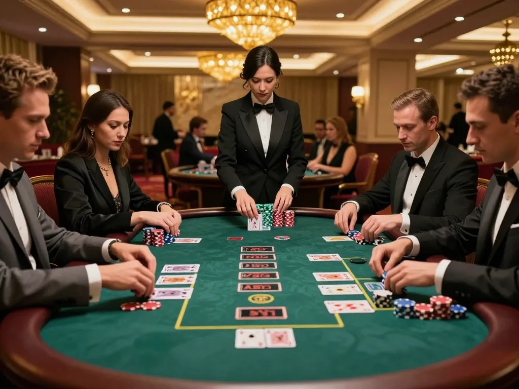 A dynamic blackjack game at mm88.green with players focused on strategy, dealer managing cards, luxurious casino atmosphere.