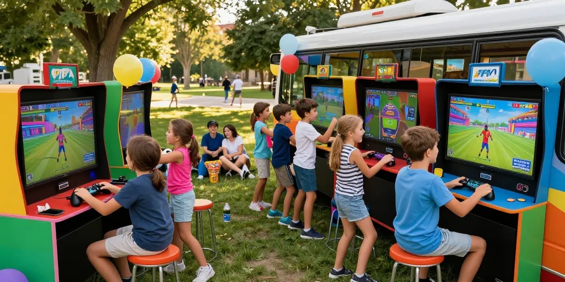 Excited kids enjoying a gaming bus party with vibrant games and festive decorations.