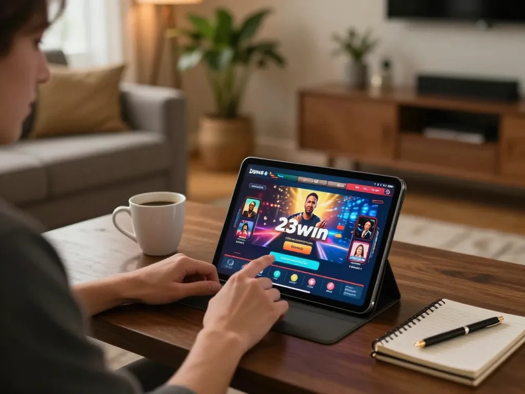 Engaging in gameplay on the 23win platform in a cozy home environment with relaxed atmosphere