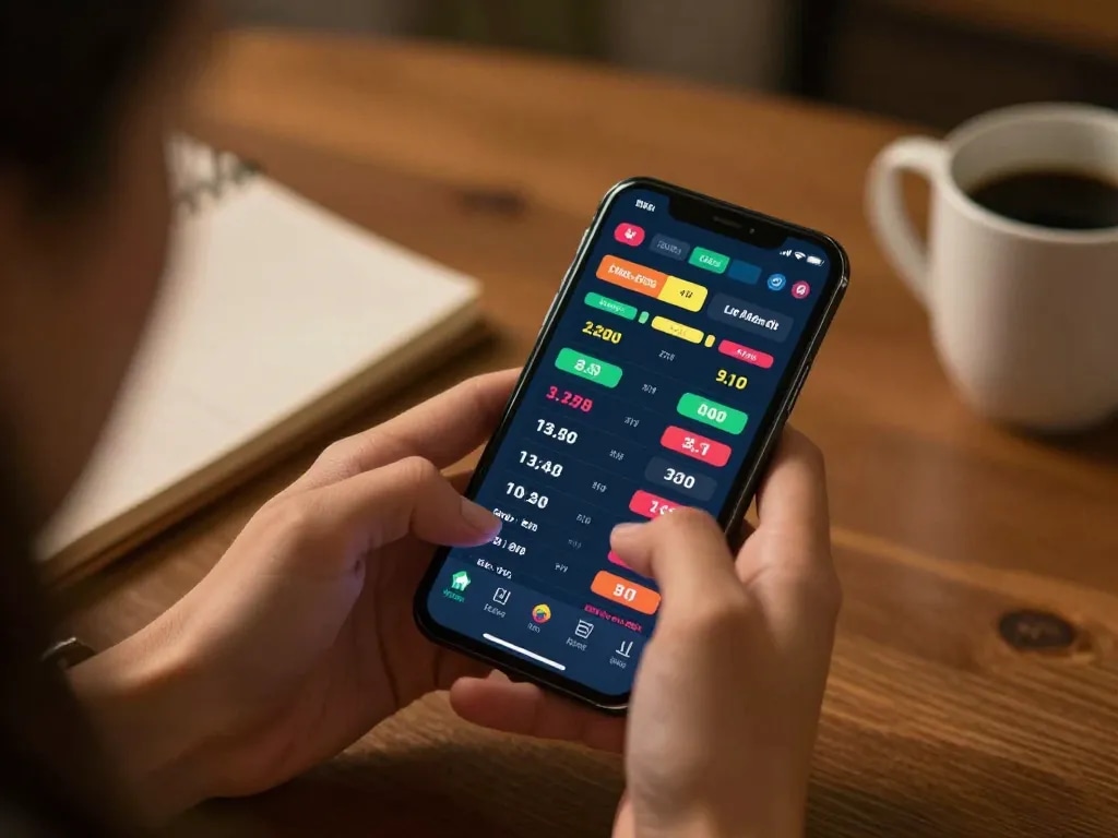 Tylekeo360 view of a person engaging in live sports betting on a smartphone, showcasing odds and a focused approach to gambling.