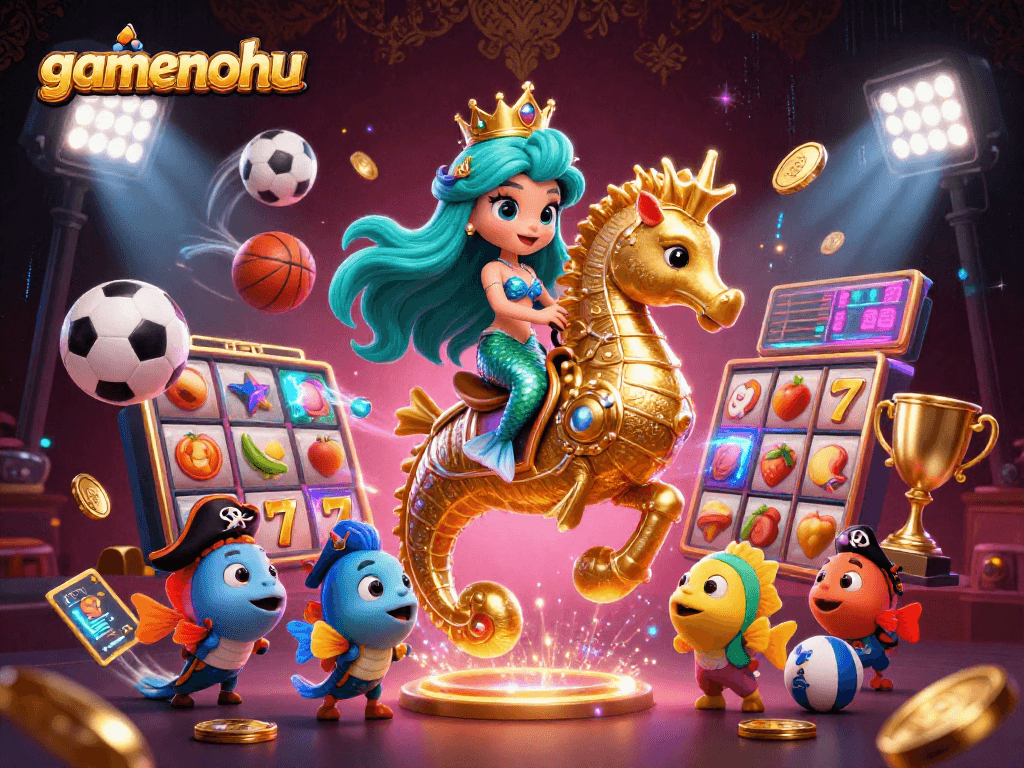 Experience thrilling slots and jackpots where gamenohu reigns, featuring vibrant 3D characters and casino elements.