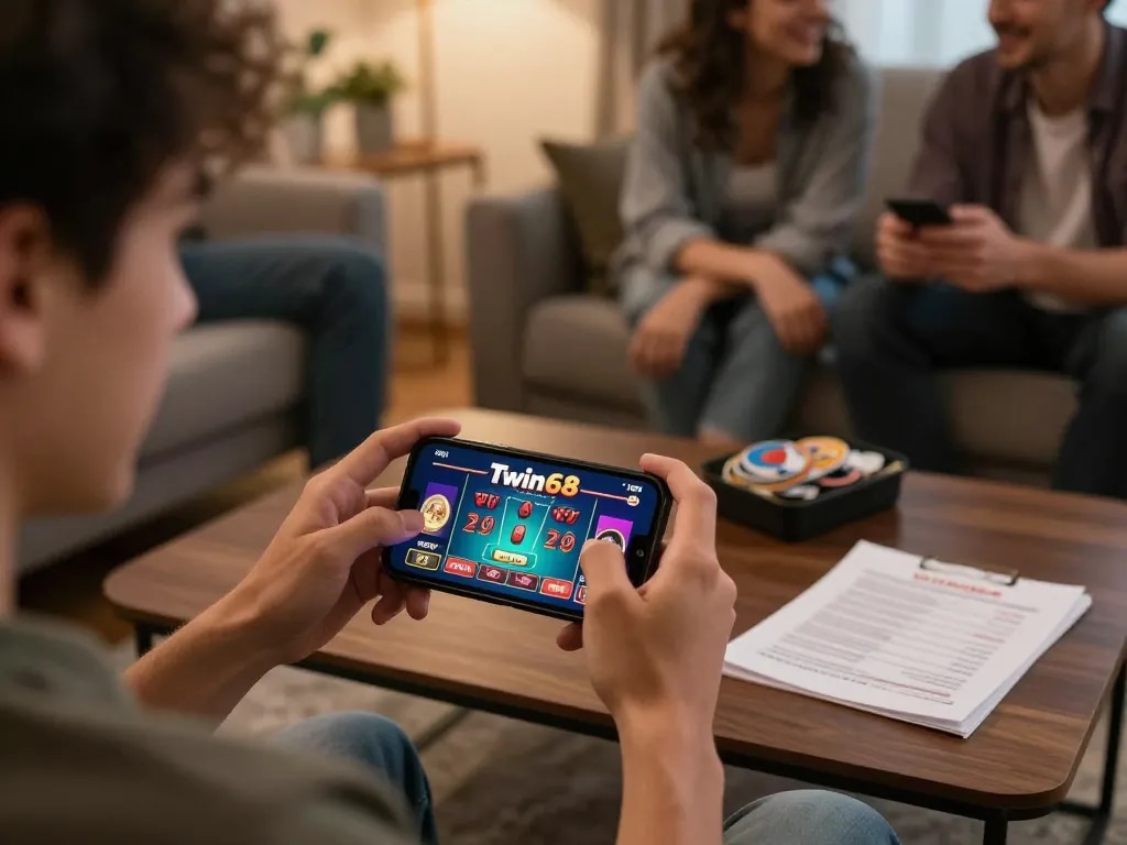 Twin68 player using smartphone for live casino gaming in a cozy home setting.