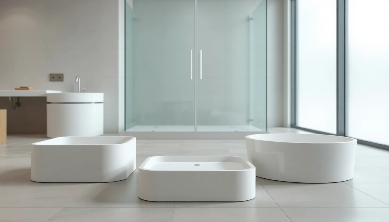 Showcasing elegant shower bases in a modern bathroom, emphasizing their sleek design and premium quality.