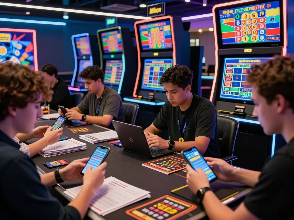 Enthusiastic gamers engaged in online betting at top 10 trang đánh đề online, surrounded by colorful displays and digital interfaces.