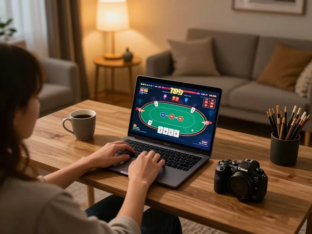 Player enjoying a 789club gaming session on a laptop in a cozy home office.