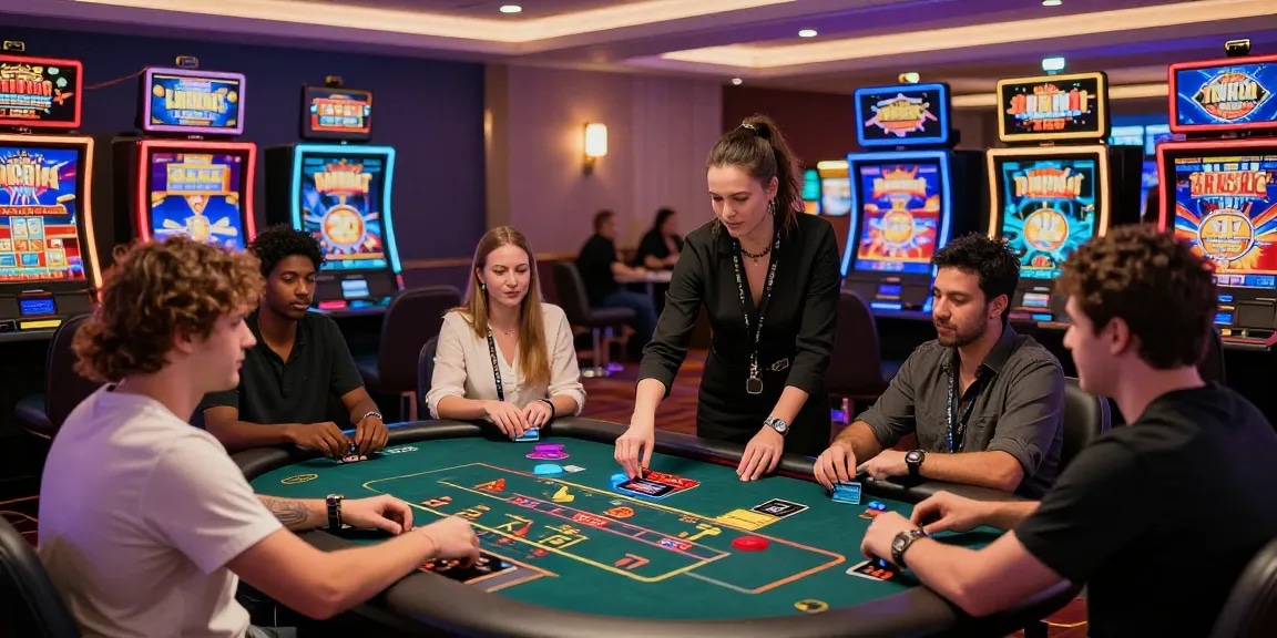 Dynamic non UK casino scene with players enjoying exciting games in an engaging environment.