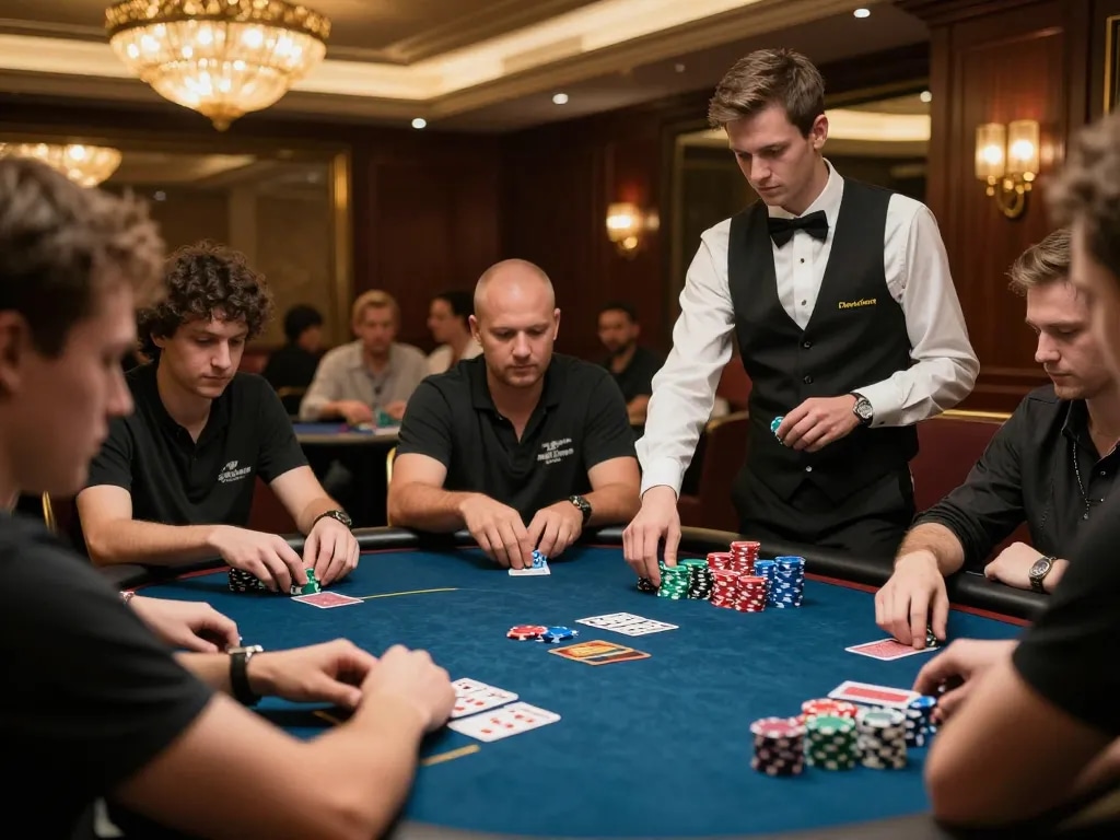 Experience dynamic poker gameplay at TG88 with players fully engaged at a high-stakes table, showcasing strategy and excitement.