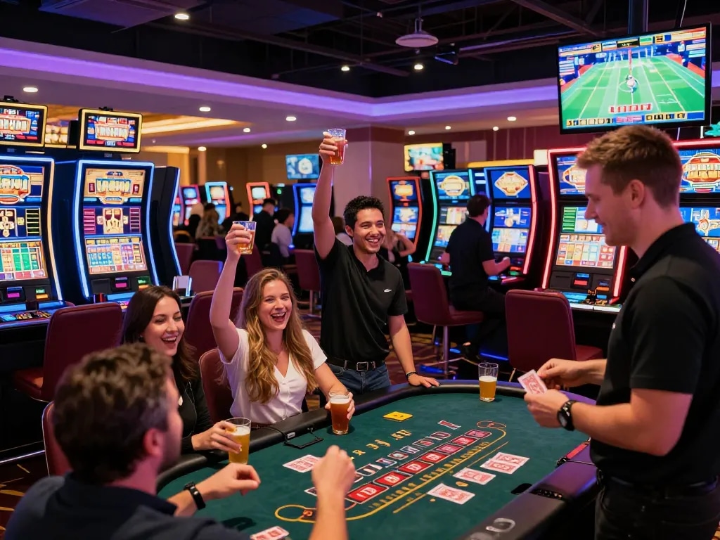 Dynamic gaming scene at nk88 casino with players and neon lights
