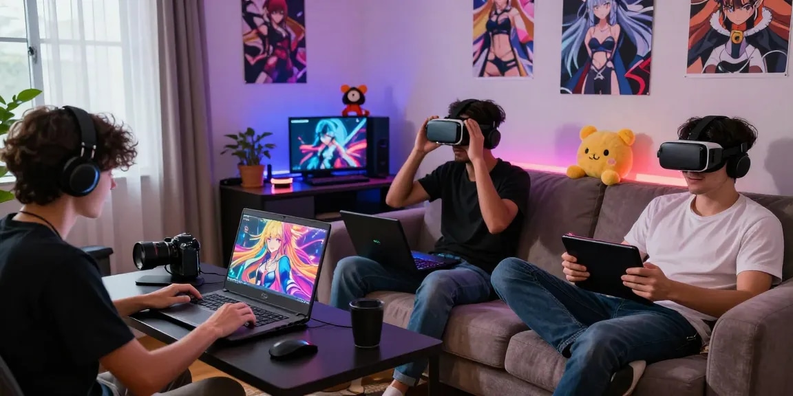 Diverse gamers enjoying online hentai games across devices in a cozy living room setting.