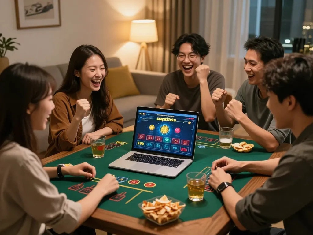 Sungaitoto online betting session captures friends celebrating a win in their cozy home.
