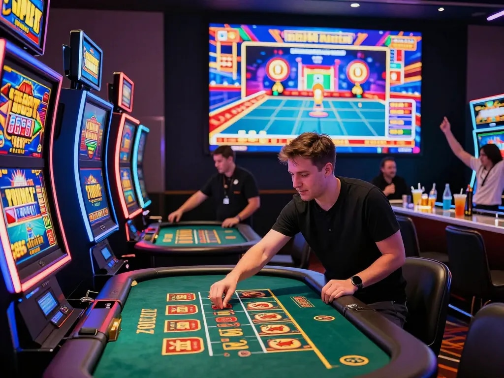 Exciting 789club gaming session with vibrant slot machines and a live dealer interaction.