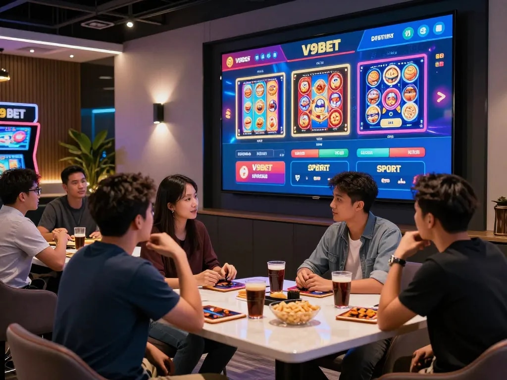 Exciting V9BET online betting scene with gamers engaging in casino and sports activities.