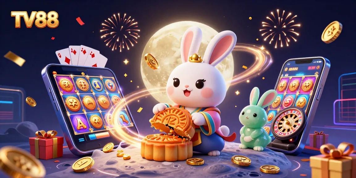 Engage in thrilling games at TV88 casino featuring lively 3D illustrations of moon rabbits and casino elements.