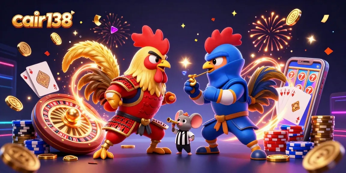 Experience thrilling action at cair138 with intense rooster battles and vibrant casino elements.