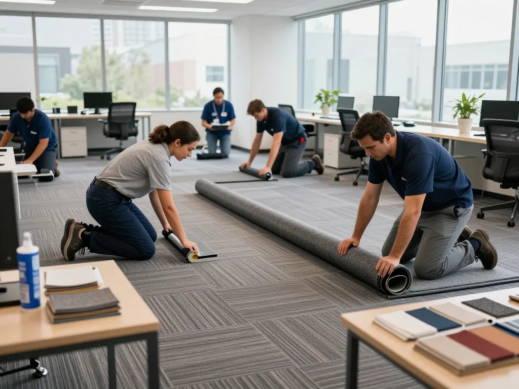 Commercial carpet installation in a modern office by skilled technicians showcasing precision and teamwork.