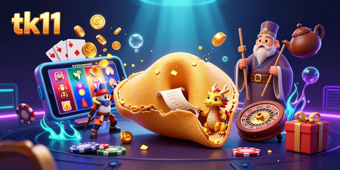 Experience the magic of tk11 with a vibrant 3D scene featuring a golden fortune cookie and casino games.