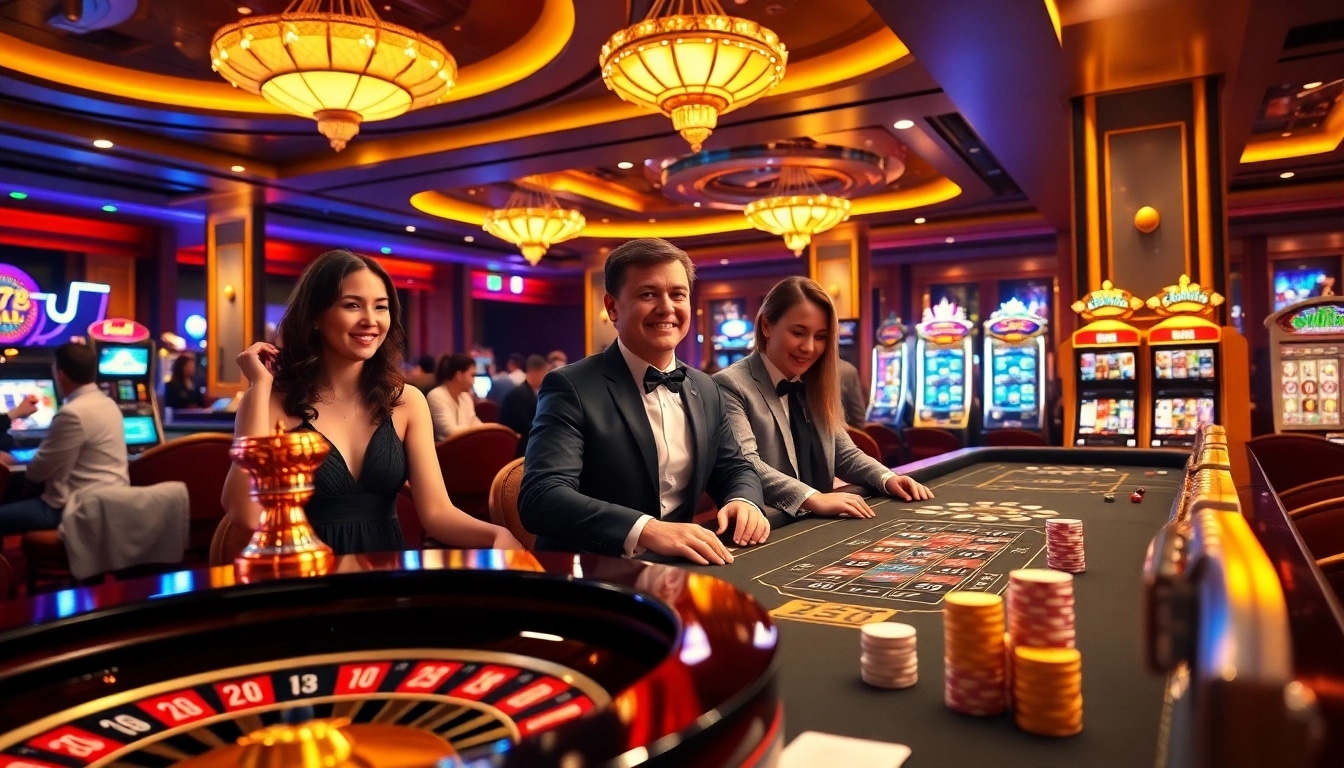 Gambling excitement with 77BALL club players at casino tables surrounded by vibrant games.