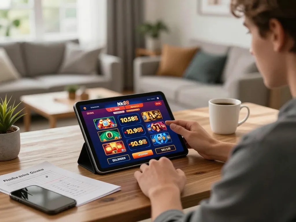 Player engages with Nk88 casino app on tablet, showcasing vibrant gaming interface in a cozy home office.