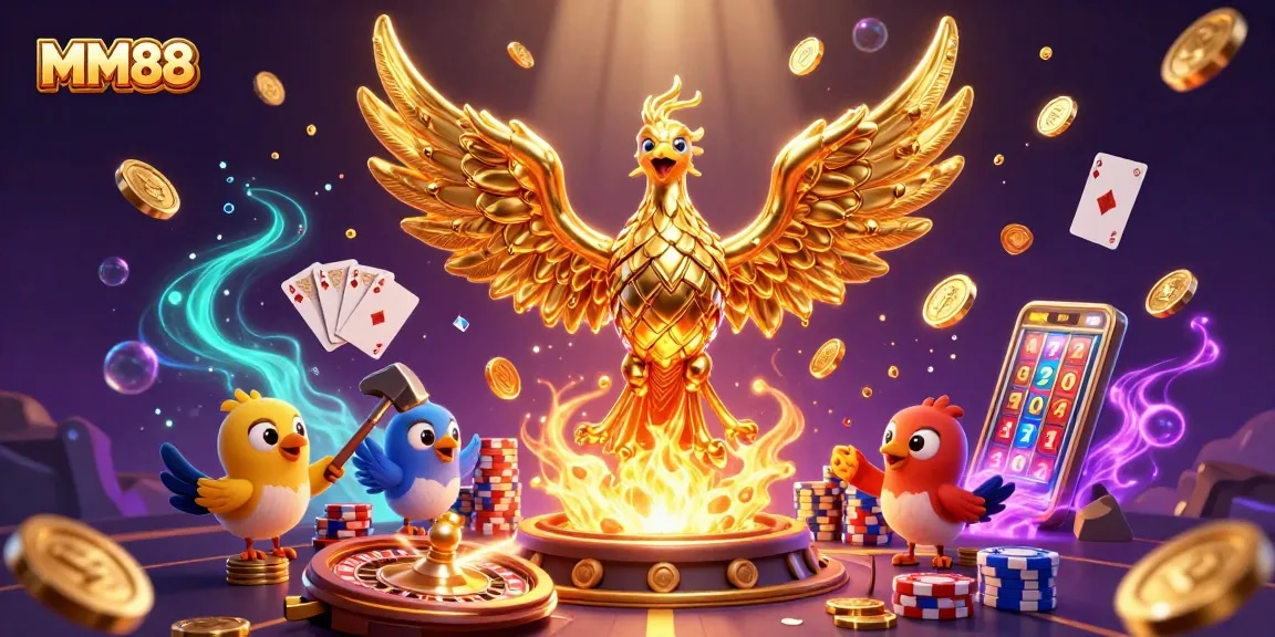 Experience MM88 action with a golden phoenix and exciting casino elements in this dynamic illustration.