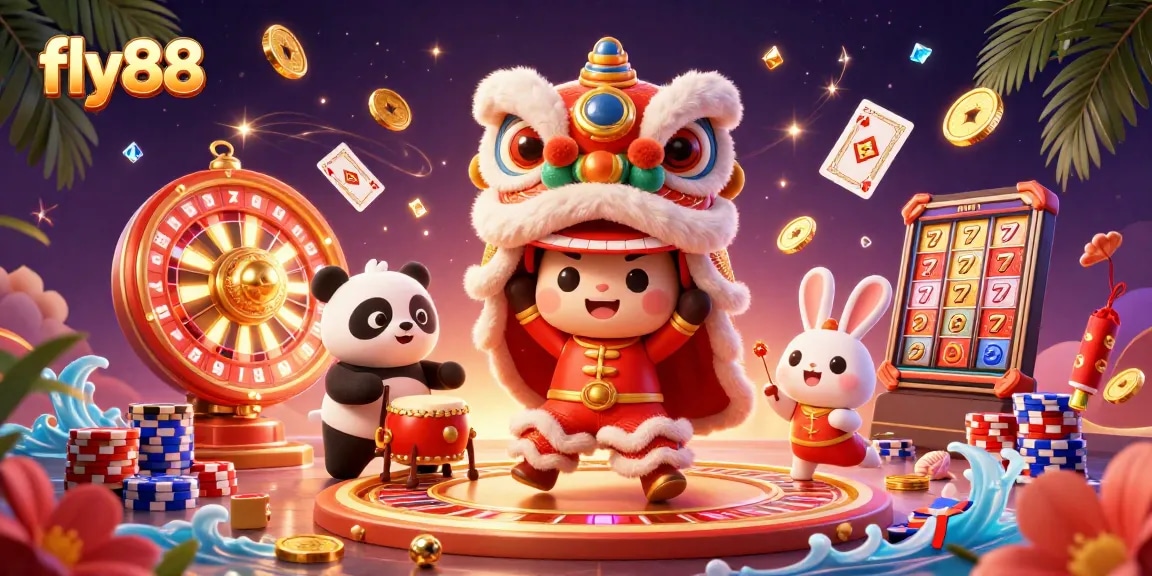 Experience excitement with fly88's immersive gaming scene featuring vibrant characters and casino elements.