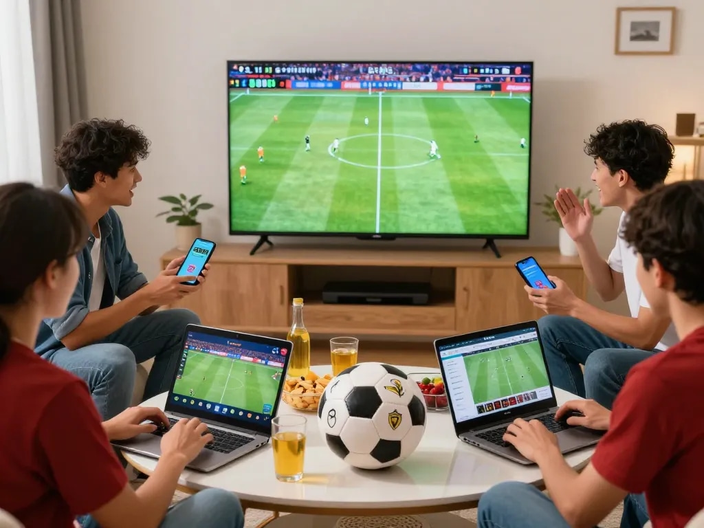 Friends enjoying a live football match while placing bets on multiple web cá độ bóng đá platforms in a lively atmosphere.