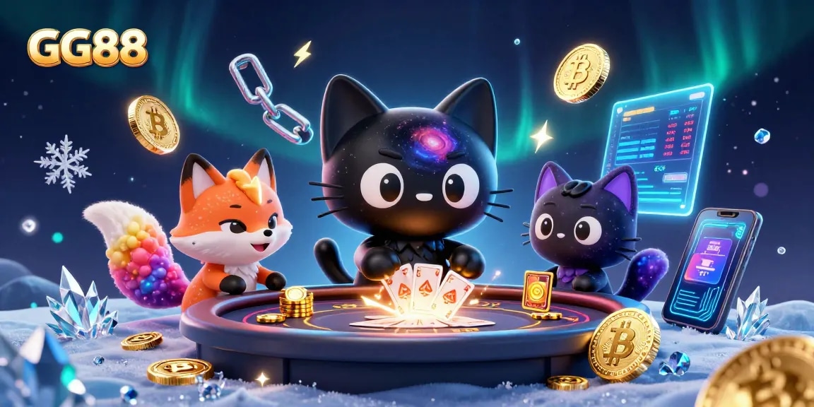 Play GG88 at a vibrant cosmic casino with a whimsical black hole cat and neon coins.