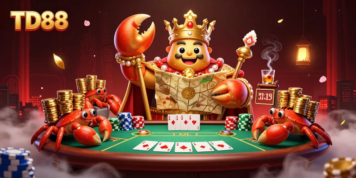 Engage with TD88 casino adventures featuring the golden crab emperor amidst poker thrills.