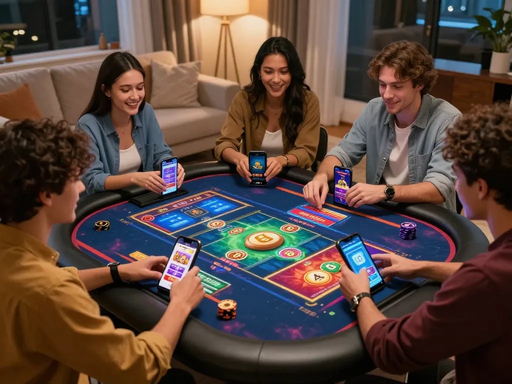 Friends enjoying interactive gameplay on 789club, showcasing vibrant gaming graphics and rewards in a cozy setting.