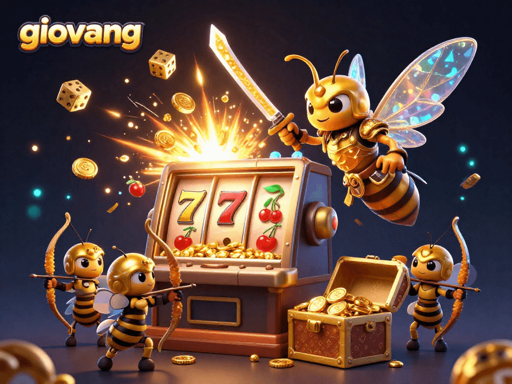 Experience the excitement of giovang with a magnificent jackpot explosion from a 3D cartoon slot machine, surrounded by colorful casino elements.